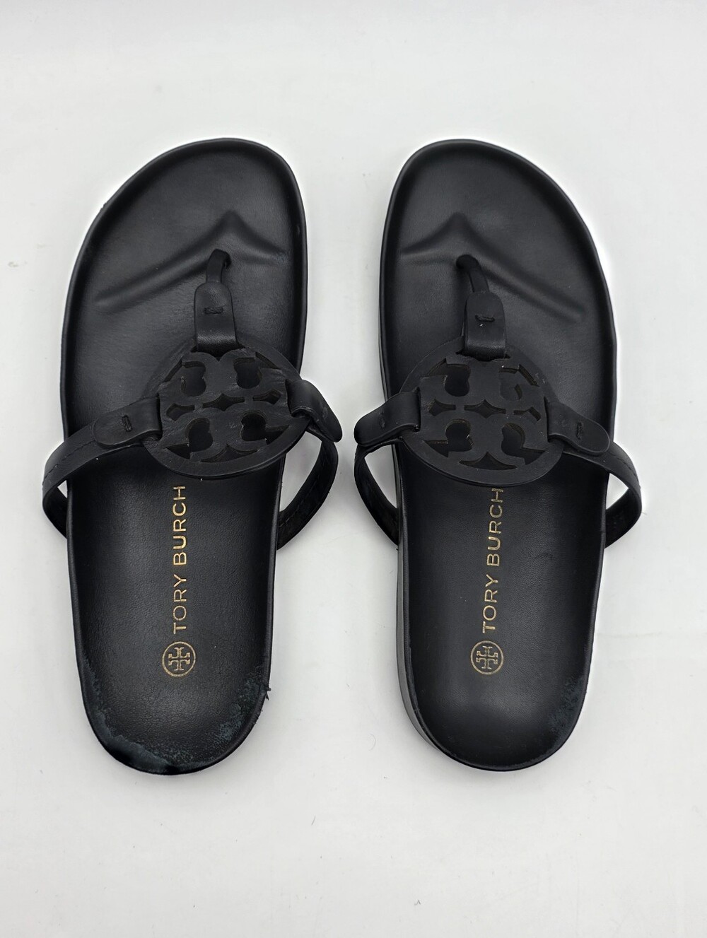 Tory Burch Black Leather Logo Thong Sandals Miller Cloud Sz 8.5